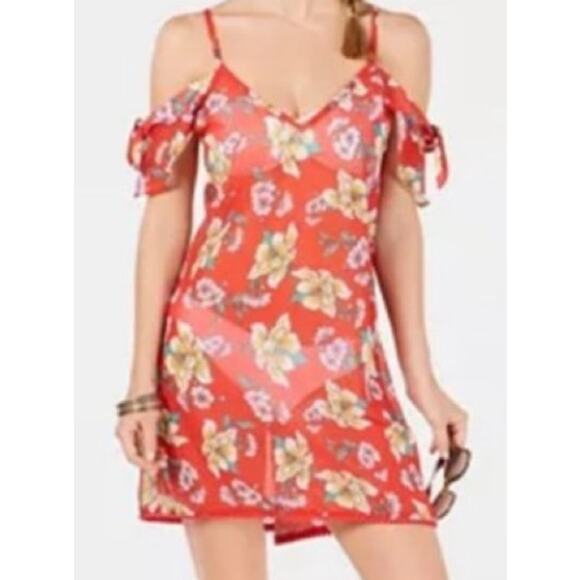 Miken Women's Swim Coverup Orange Floral Cold Shoulder Size XS NWT - Picture 1 of 4